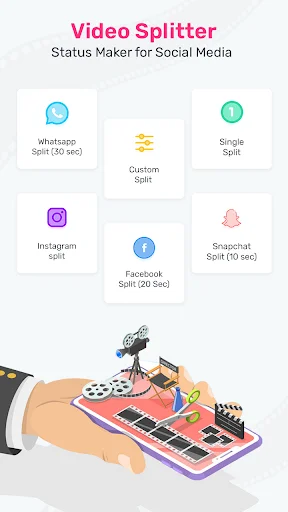 Video Splitter main menu with split options for WhatsApp, Instagram, Facebook, Snapchat and custom split featuring editing tools