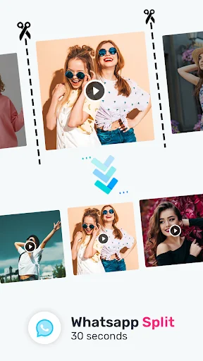 WhatsApp split feature displaying multiple video clips with 30-second duration limit for status sharing