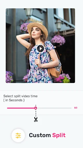 Custom split feature with video preview and adjustable slider to select split time duration in seconds