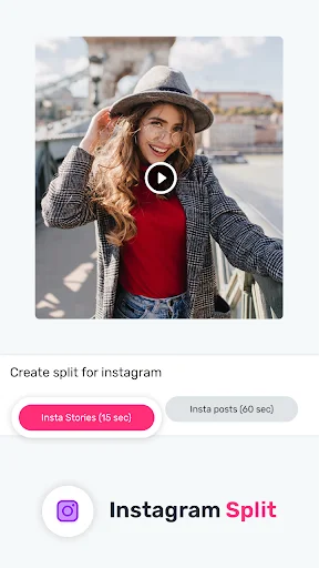 Instagram split feature with video preview and format options for Stories (15 sec) or Posts (60 sec)