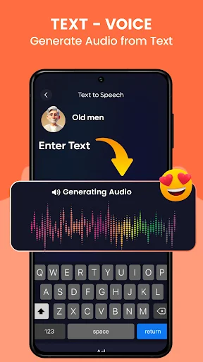 Text-to-Voice interface with keyboard, voice selection for 'Old men' voice, and audio generation waveform