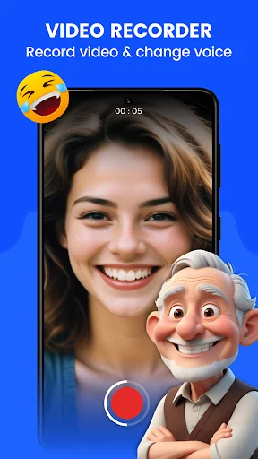 Video recorder screen with live feed, 00:05 timer, red recording button, and voice effect avatars