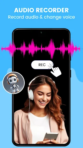 Audio recorder interface showing woman with headphones, REC button, and pink waveform visualization