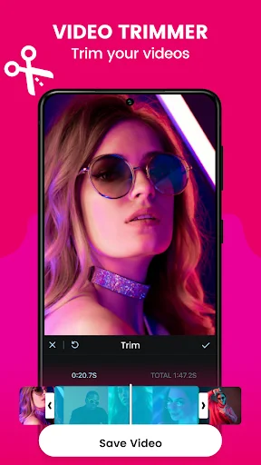 Video trimmer editing screen with timeline controls (0:20-75), preview window, and Save Video button
