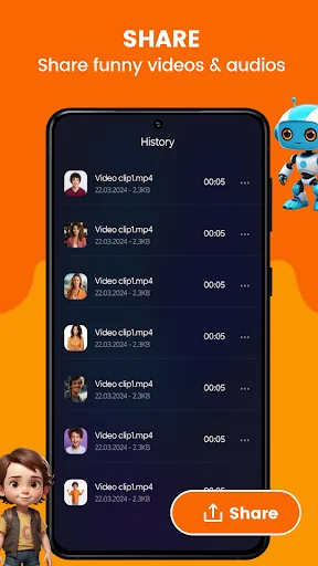 Video sharing history screen listing multiple clips with timestamps, file sizes, and orange Share button