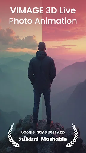VIMAGE 3D Live Photo Animation app splash screen showing person on mountain with Google Play Best App award