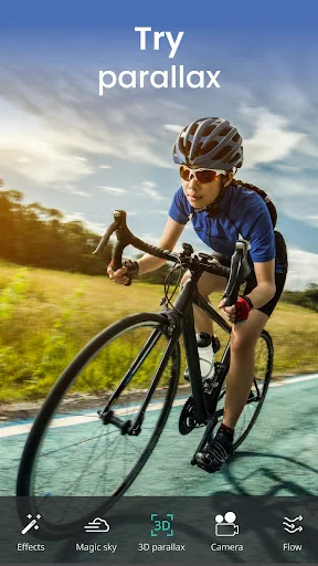 VIMAGE parallax effect demonstration with cyclist image showing 3D motion depth effect applied to create animated perspective