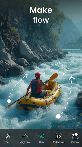 Make flow animation feature in VIMAGE showing kayak with flowing water effects demonstrating video animation and loop effects