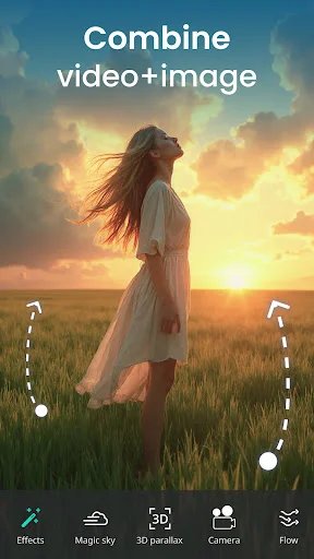 Combine video and image feature in VIMAGE app with woman in field and editing tools for 3D parallax effects