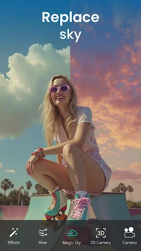 Replace sky feature in VIMAGE photo editor showing woman on skateboard with sky replacement tool