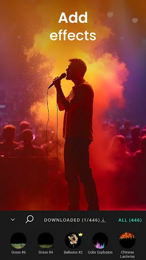 Add effects feature in VIMAGE with silhouette singer surrounded by colorful visual effects and effects library for customization