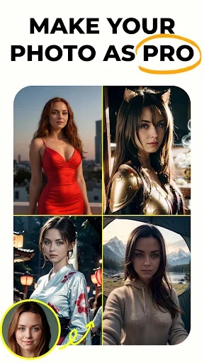 Make your photo professional quality display with four AI-enhanced styled portrait images in grid layout demonstrating editing options