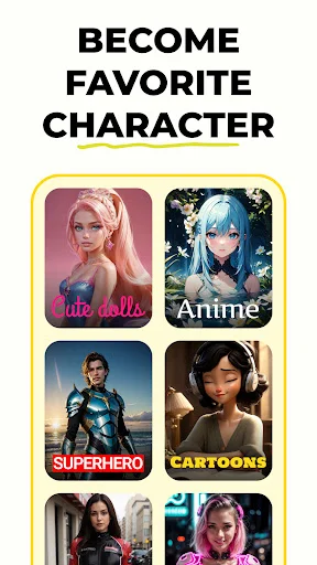 Become favorite character section showing AI transformation templates for anime, blue dolls, superhero, and cartoon character generation