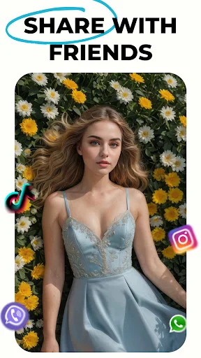 Share with friends feature displaying AI-generated portrait with integrated social media icons for TikTok, Instagram, Viber, WhatsApp sharing
