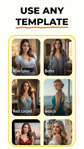 VizMe AI editor template gallery showing style options: Role-play, Boho, Red carpet, and Beach photo themes