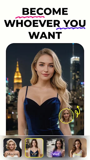 VizMe AI avatar generator transforming user photo into glamorous nighttime city portrait with style filters