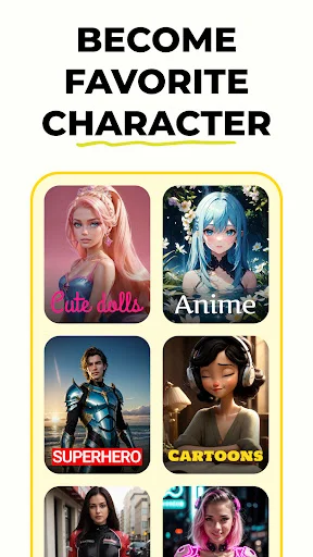 VizMe AI character generator showing transformation options: Cute dolls, Anime, Superhero, and Cartoons styles