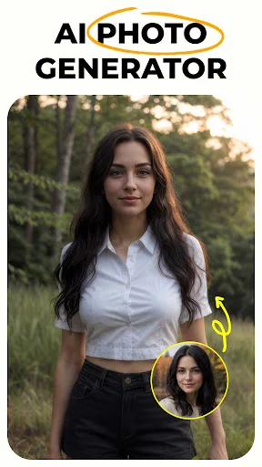 AI Photo Generator app home showing original portrait with AI-generated variant in comparison circle, highlighting photo transformation capability