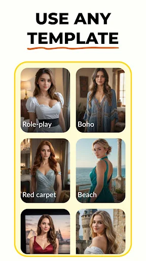 Template selection screen displaying six AI photo style options including Role-play, Boho, Red carpet, and Beach themes for customization